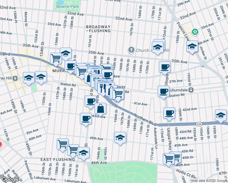 map of restaurants, bars, coffee shops, grocery stores, and more near 40-11 166th Street in Queens