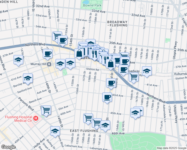 map of restaurants, bars, coffee shops, grocery stores, and more near 158-0 Sanford Avenue in Queens