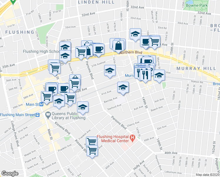 map of restaurants, bars, coffee shops, grocery stores, and more near 144-62 41st Avenue in Queens