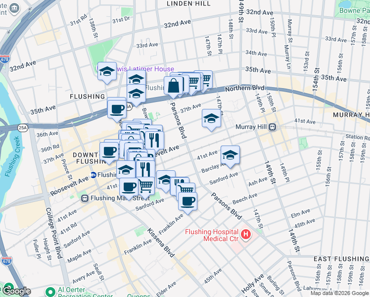 map of restaurants, bars, coffee shops, grocery stores, and more near 143-40 Roosevelt Avenue in Queens
