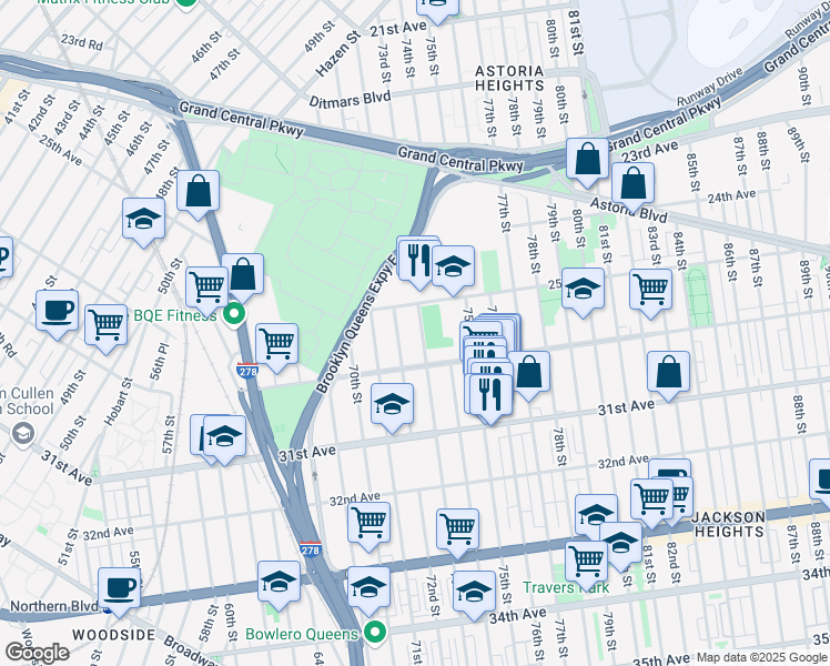 map of restaurants, bars, coffee shops, grocery stores, and more near 7309 30th Avenue in Queens