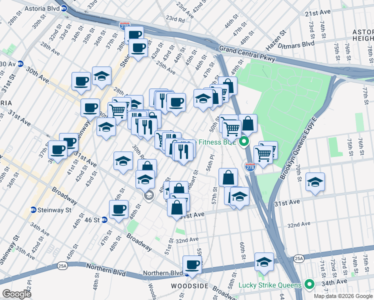 map of restaurants, bars, coffee shops, grocery stores, and more near 28-28 50th Street in Queens