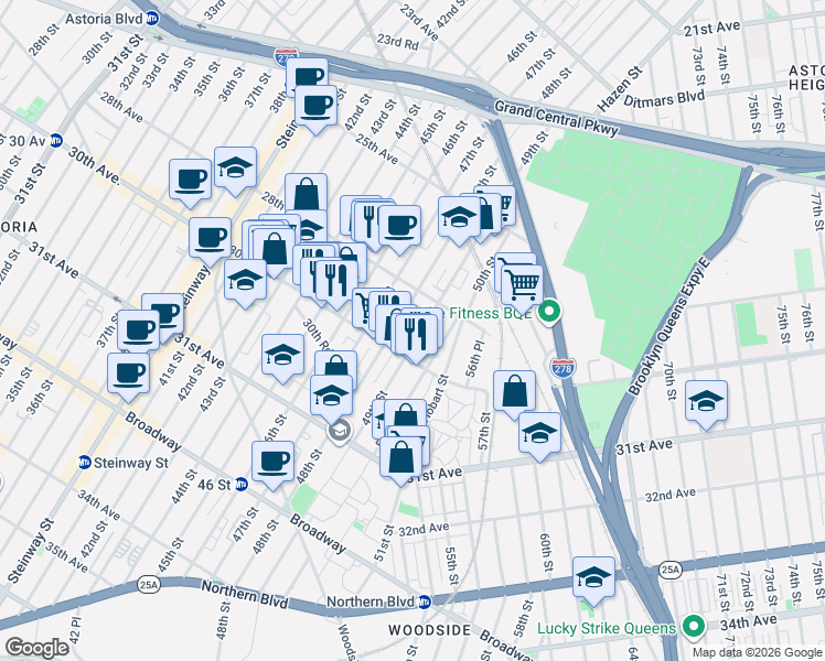 map of restaurants, bars, coffee shops, grocery stores, and more near 48-11 30th Avenue in Queens