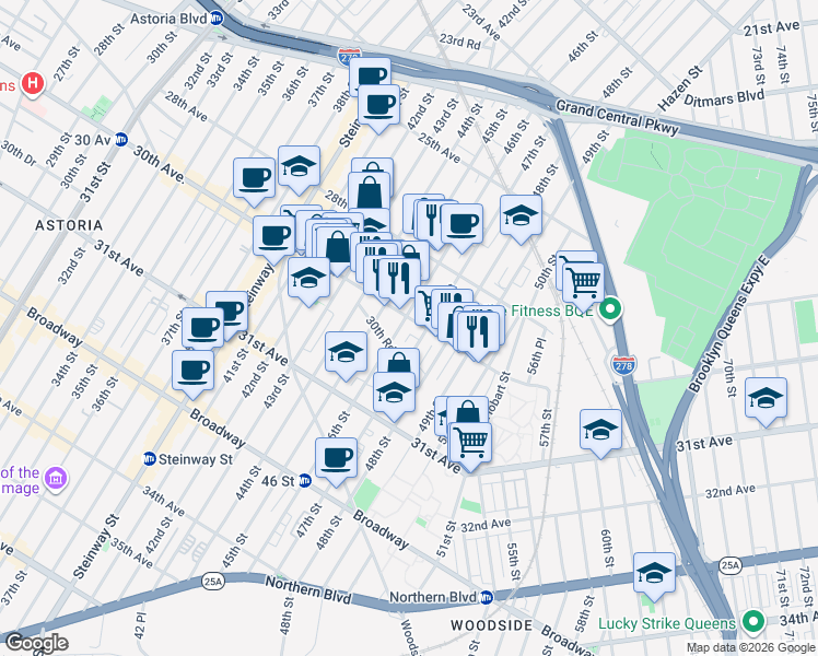 map of restaurants, bars, coffee shops, grocery stores, and more near in Queens