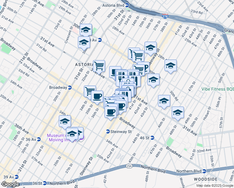 map of restaurants, bars, coffee shops, grocery stores, and more near 31-28 38th Street in Queens