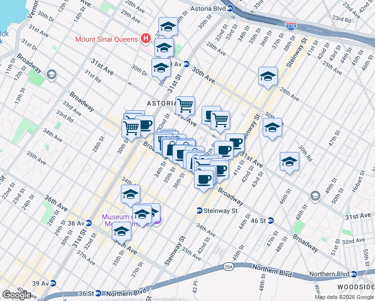 map of restaurants, bars, coffee shops, grocery stores, and more near 31-69 35th Street in Queens
