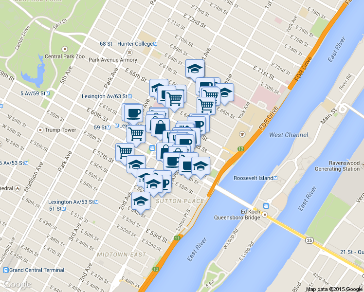 map of restaurants, bars, coffee shops, grocery stores, and more near 330 East 61st Street in New York
