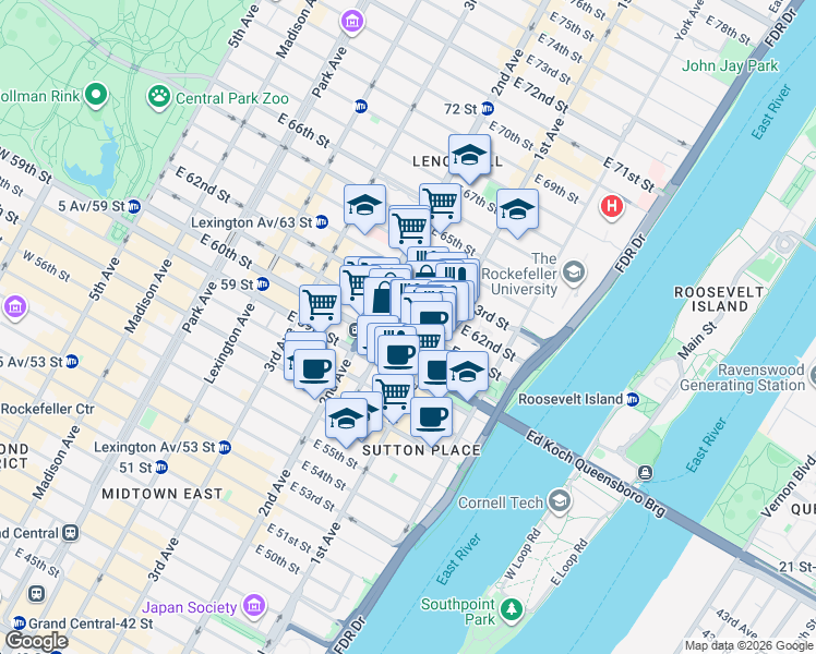 map of restaurants, bars, coffee shops, grocery stores, and more near 330 East 61st Street in New York