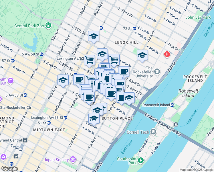 map of restaurants, bars, coffee shops, grocery stores, and more near 1151A 2nd Avenue in New York