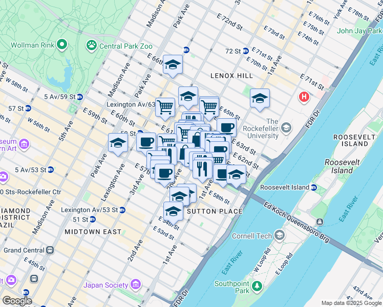 map of restaurants, bars, coffee shops, grocery stores, and more near 1151A 2nd Avenue in New York