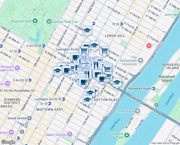 map of restaurants, bars, coffee shops, grocery stores, and more near 250 East 59th Street in New York