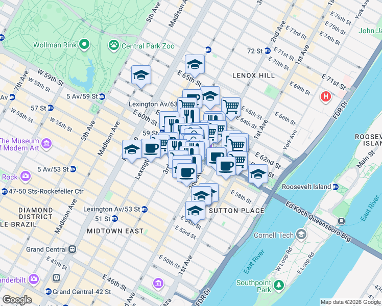 map of restaurants, bars, coffee shops, grocery stores, and more near 979 3rd Avenue in New York