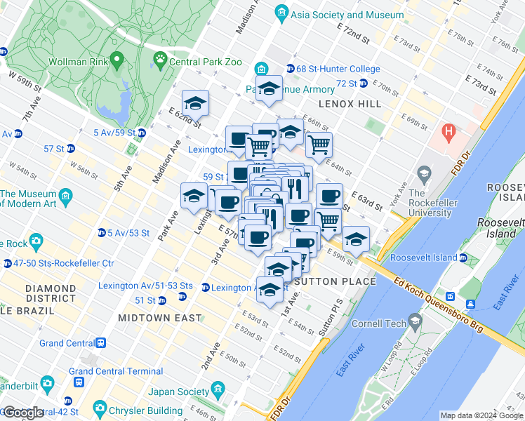 map of restaurants, bars, coffee shops, grocery stores, and more near 237 East 59th Street in New York