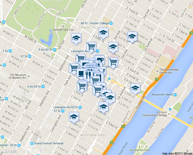map of restaurants, bars, coffee shops, grocery stores, and more near 969 3rd Avenue in New York