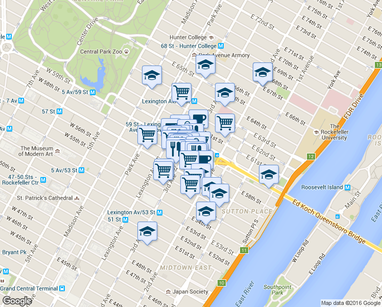 map of restaurants, bars, coffee shops, grocery stores, and more near 969 3rd Avenue in New York