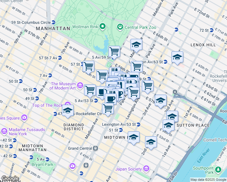 map of restaurants, bars, coffee shops, grocery stores, and more near 57 East 55th Street in New York