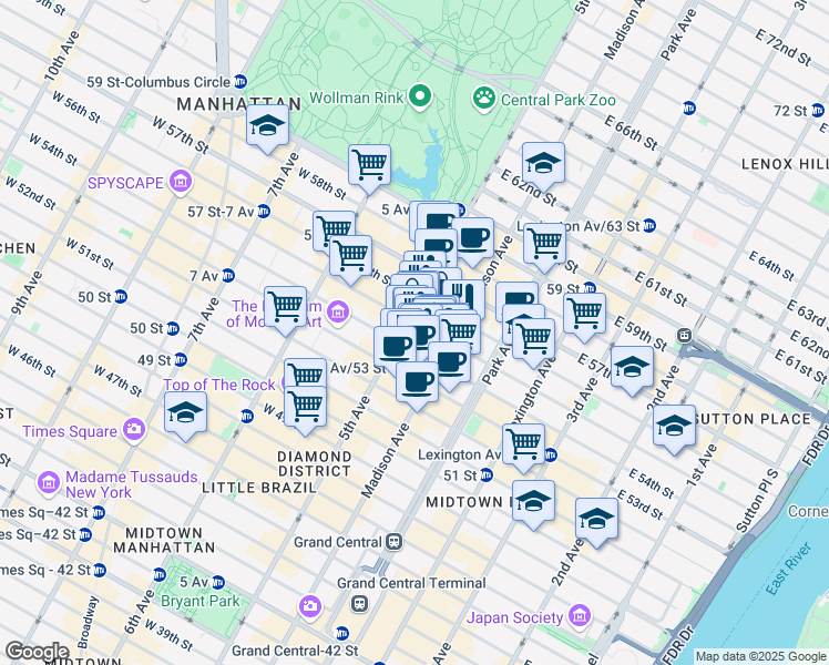 map of restaurants, bars, coffee shops, grocery stores, and more near 16 East 54th Street in New York
