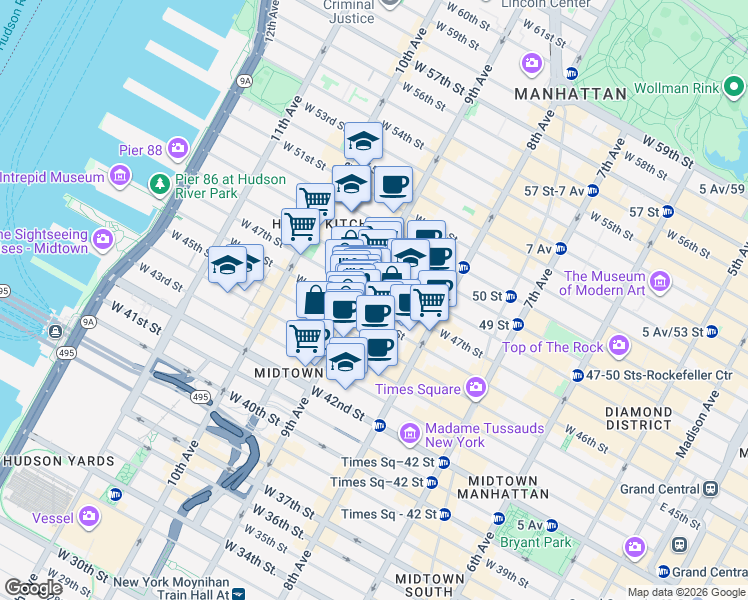 map of restaurants, bars, coffee shops, grocery stores, and more near in New York