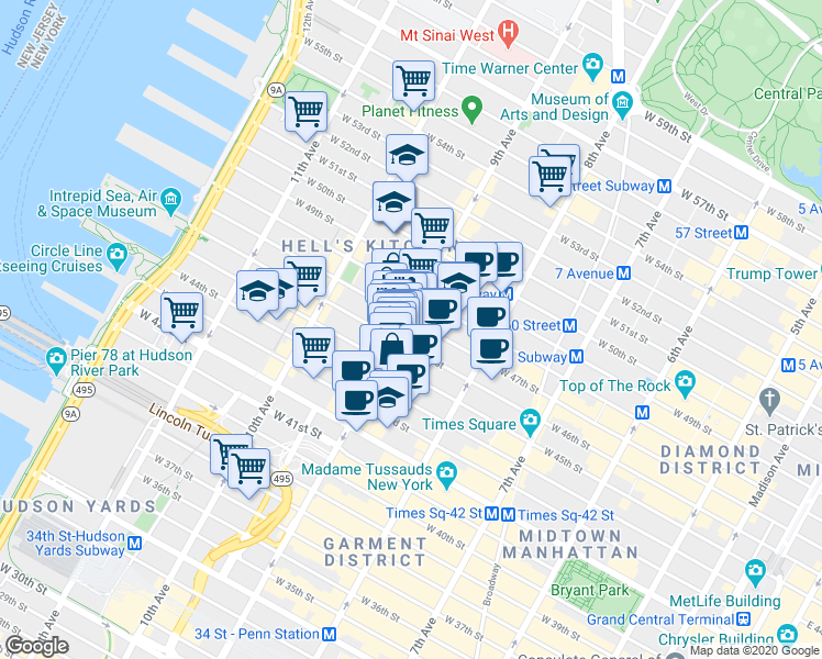 map of restaurants, bars, coffee shops, grocery stores, and more near 649 9th Avenue in New York