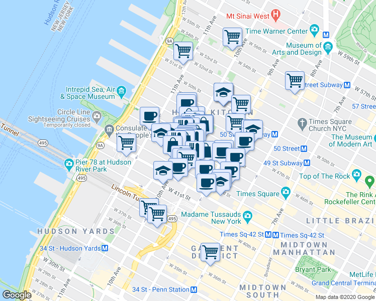 map of restaurants, bars, coffee shops, grocery stores, and more near in New York