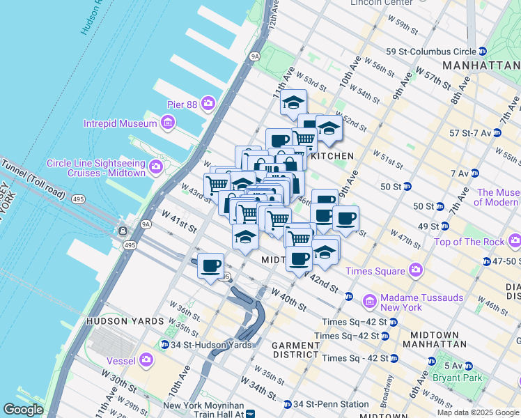 map of restaurants, bars, coffee shops, grocery stores, and more near 500 West 43rd Street in New York