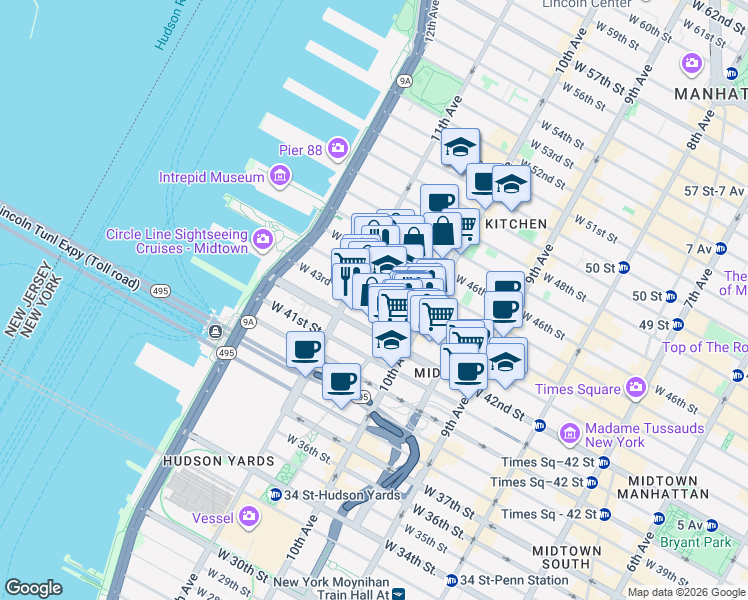 map of restaurants, bars, coffee shops, grocery stores, and more near 532 West 43rd Street in New York