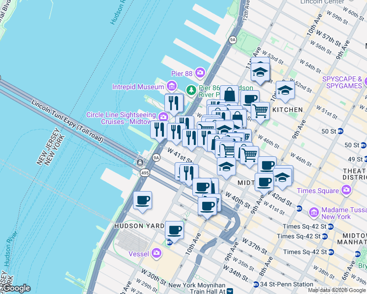 map of restaurants, bars, coffee shops, grocery stores, and more near 620 West 42nd Street in New York