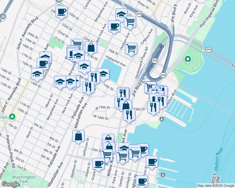 map of restaurants, bars, coffee shops, grocery stores, and more near 53 Hackensack Avenue in Weehawken
