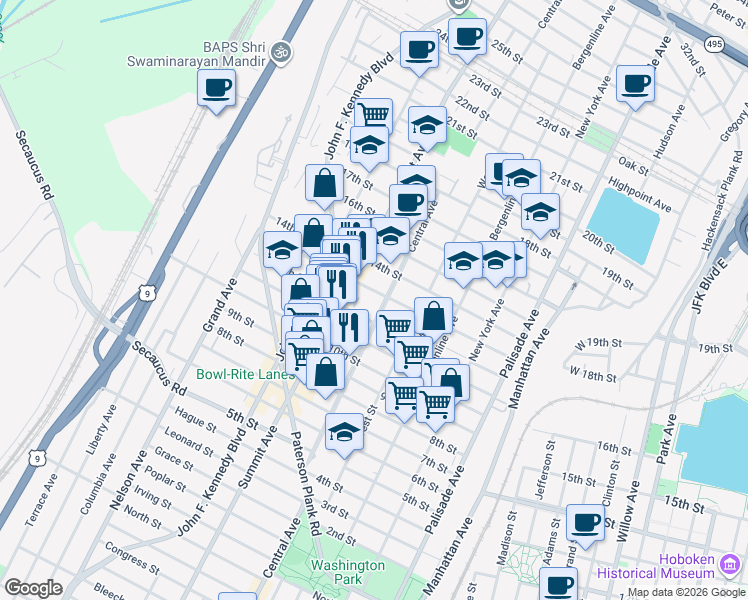 map of restaurants, bars, coffee shops, grocery stores, and more near 1215 Central Avenue in Union City