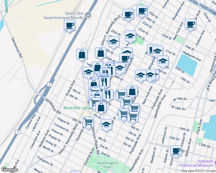 map of restaurants, bars, coffee shops, grocery stores, and more near 1215 Summit Avenue in Union City