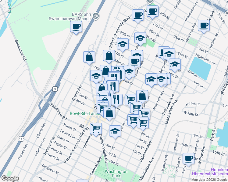 map of restaurants, bars, coffee shops, grocery stores, and more near 1215 Summit Avenue in Union City