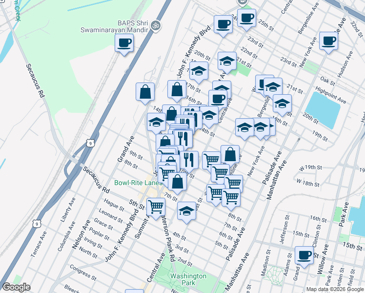 map of restaurants, bars, coffee shops, grocery stores, and more near 1215 Summit Avenue in Union City