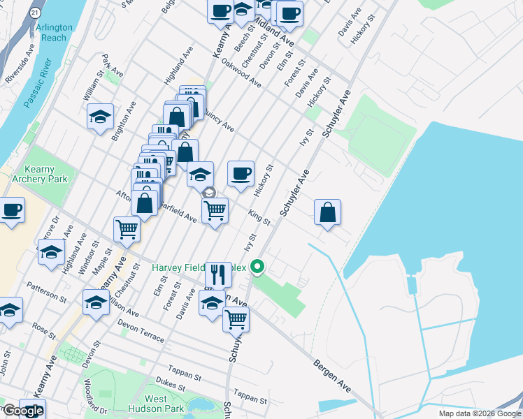 map of restaurants, bars, coffee shops, grocery stores, and more near 93 King Street in Kearny