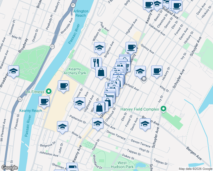 map of restaurants, bars, coffee shops, grocery stores, and more near 92 Windsor Street in Kearny