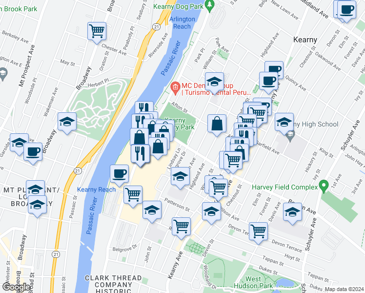 map of restaurants, bars, coffee shops, grocery stores, and more near 264 Belgrove Drive in Kearny
