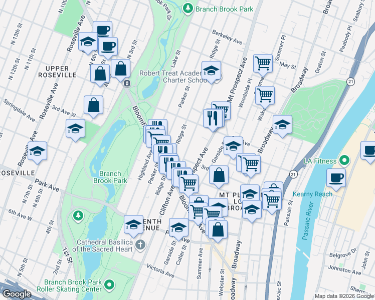 map of restaurants, bars, coffee shops, grocery stores, and more near 312 Clifton Avenue in Newark