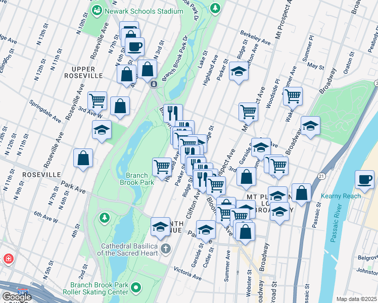 map of restaurants, bars, coffee shops, grocery stores, and more near 228 Ridge Street in Newark