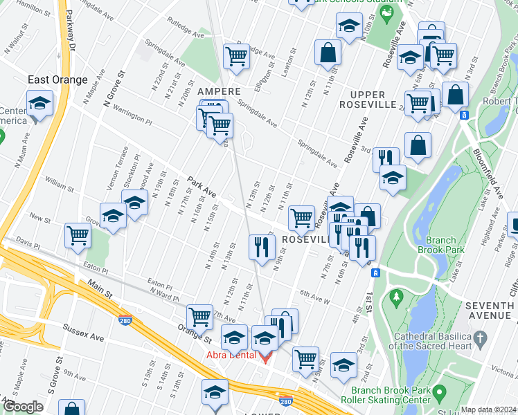 map of restaurants, bars, coffee shops, grocery stores, and more near 159-189 North 13th Street in Newark