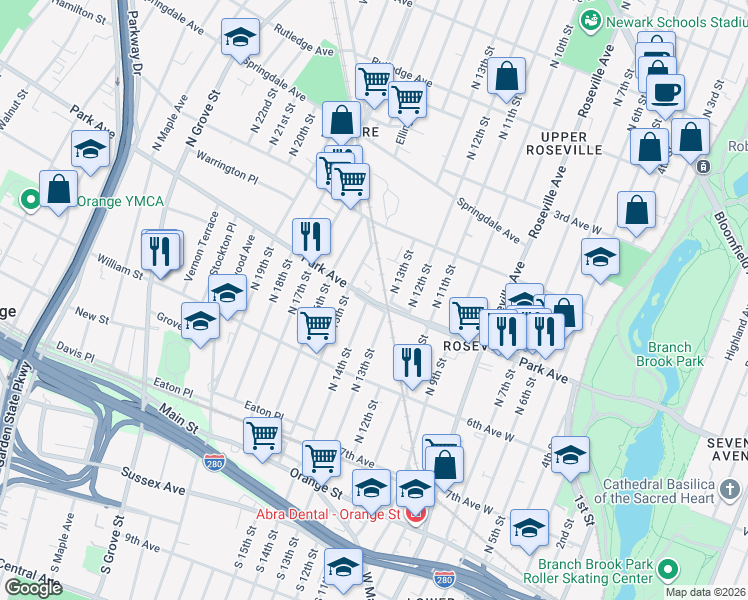 map of restaurants, bars, coffee shops, grocery stores, and more near 163 North 14th Street in East Orange
