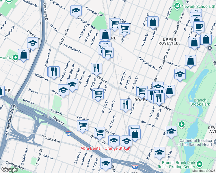 map of restaurants, bars, coffee shops, grocery stores, and more near 163 North 14th Street in East Orange