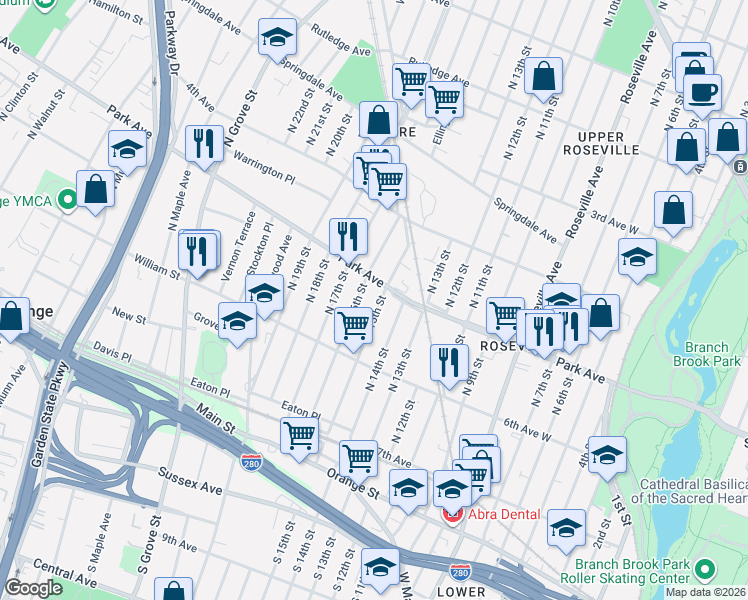 map of restaurants, bars, coffee shops, grocery stores, and more near 110 North 16th Street in East Orange