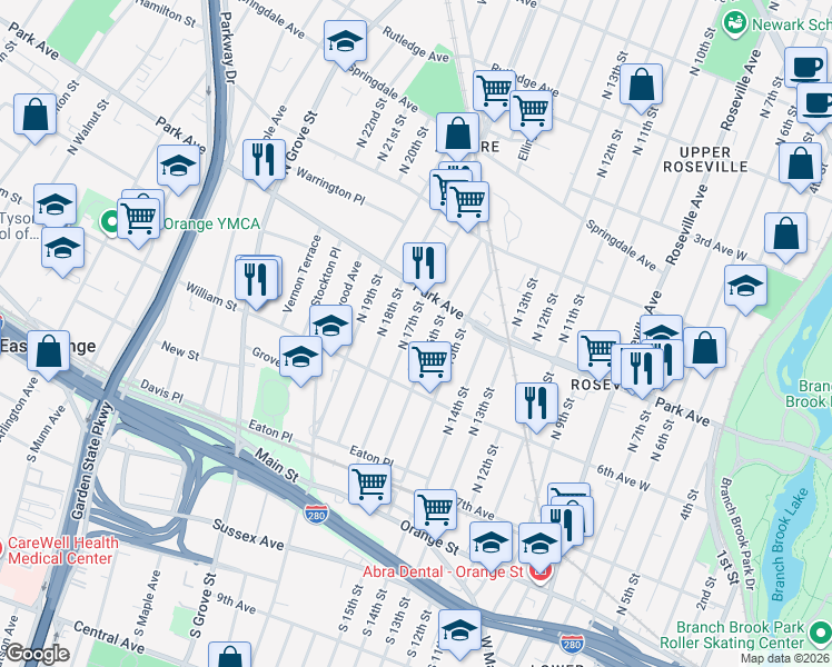 map of restaurants, bars, coffee shops, grocery stores, and more near 95 North 17th Street in East Orange