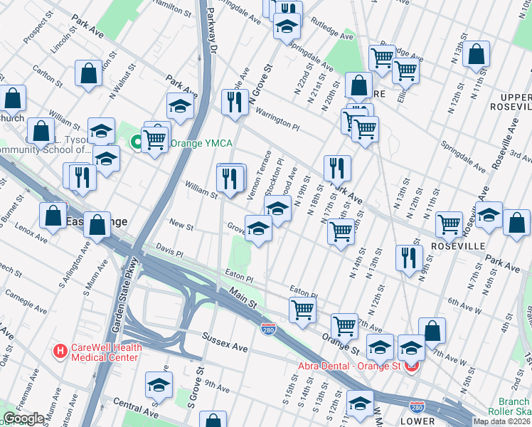 map of restaurants, bars, coffee shops, grocery stores, and more near 136 William Street in East Orange