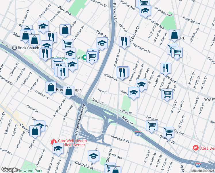 map of restaurants, bars, coffee shops, grocery stores, and more near 98 North Maple Avenue in East Orange