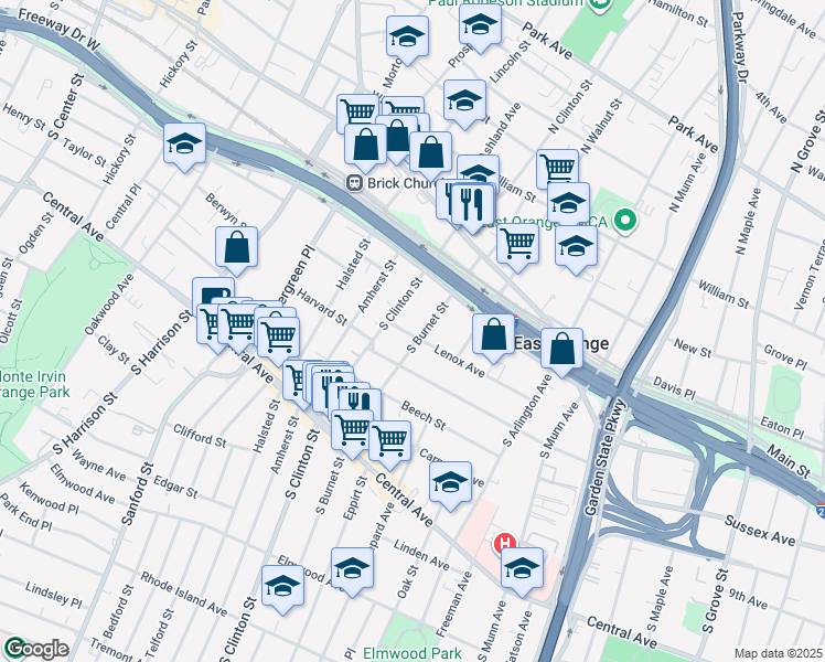 map of restaurants, bars, coffee shops, grocery stores, and more near 95 South Burnet Street in East Orange
