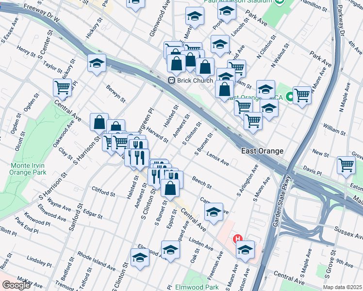 map of restaurants, bars, coffee shops, grocery stores, and more near 5 Harvard Street in East Orange