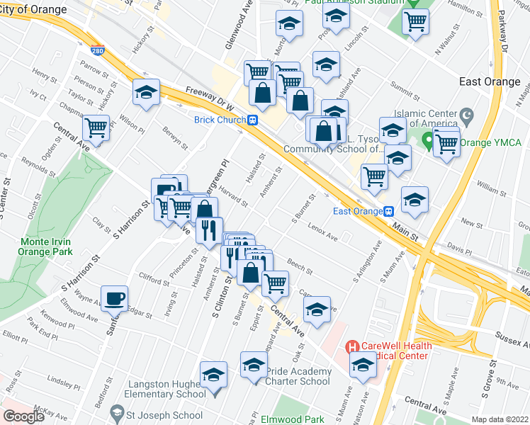 map of restaurants, bars, coffee shops, grocery stores, and more near 5 Harvard Street in East Orange