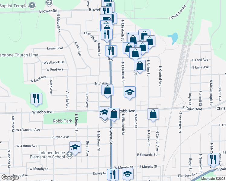 map of restaurants, bars, coffee shops, grocery stores, and more near 1258 North West Street in Lima