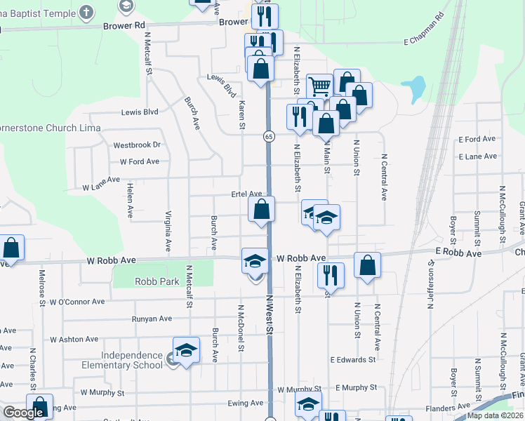 map of restaurants, bars, coffee shops, grocery stores, and more near 325 Ashwood Avenue in Lima