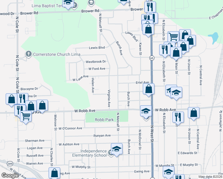 map of restaurants, bars, coffee shops, grocery stores, and more near 1731 North Metcalf Street in Lima